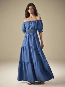 Selenza Robe longue en jean avec manches bouffantes courtes et épaules dénudées, taille froncée - Bleu azur - Voir 3
