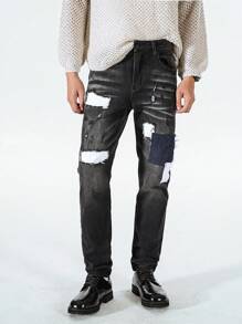 Manfinity EMRG Men's Casual Washed Distressed Patch Denim Jeans - Dark Grey - View 3
