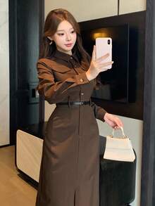 DAZY Women's Casual Solid Color Shirt Dress With Fake Pockets And Side Slits, Long Length, Autumn Maxi Dress - Brown - View 7