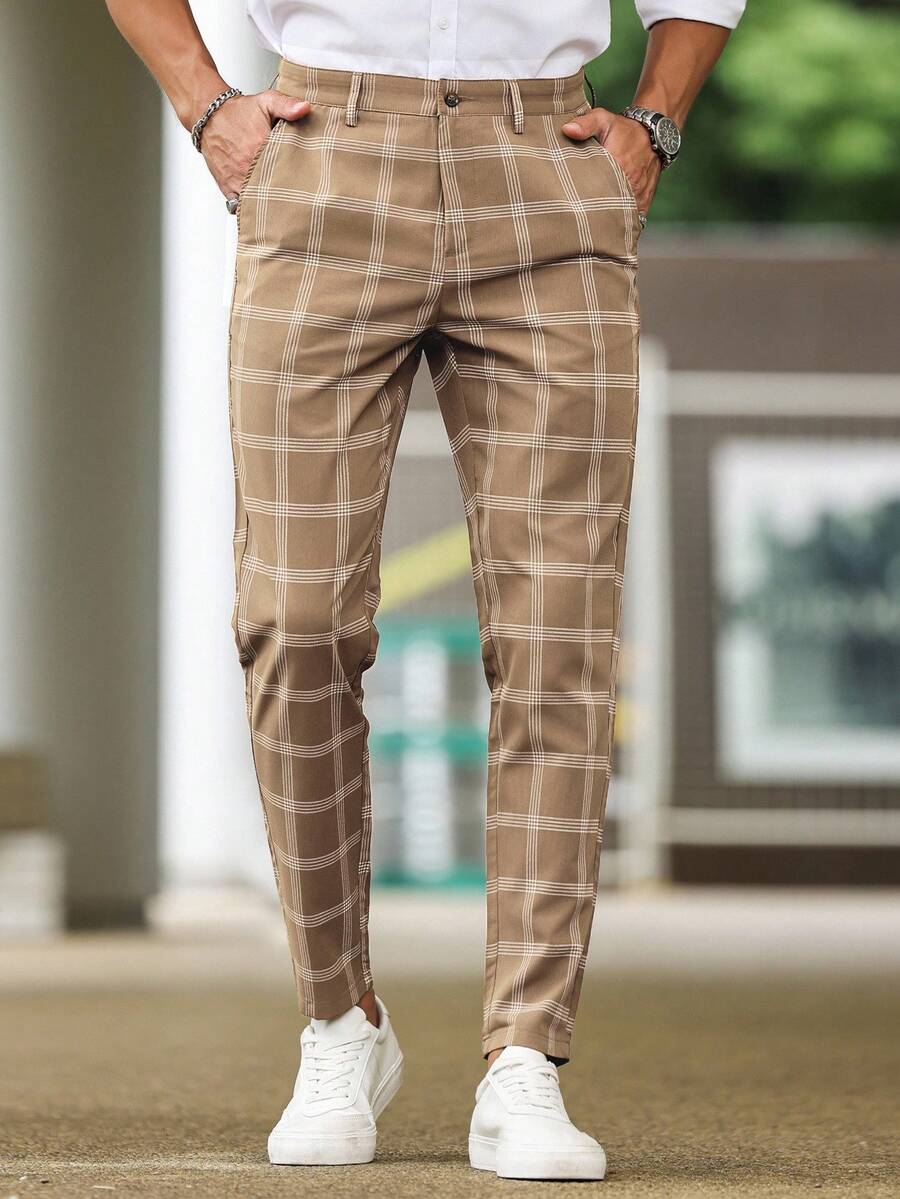 Manfinity Bizformal 男士格紋印花口袋商務休閒西裝長褲,正式儀式款 - 銅色 - 查看 1