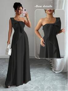 Selianne Asymmetric Big Bowknot Waist A-Line Elegant Romantic Women Dress - Black - View 3