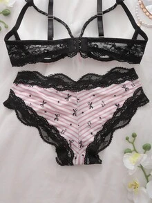 DelicateAllure Bộ 2 áo ngực và quần lót đệm màu hồng, trang trí nơ sọc tương phản, bộ đồ lót nữ dễ thương và quyến rũ - Hồng - Xem 5