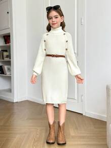 Vestido de malha elegante e quente com gola alta para meninas pré-adolescentes, uso diário, estilo feminino