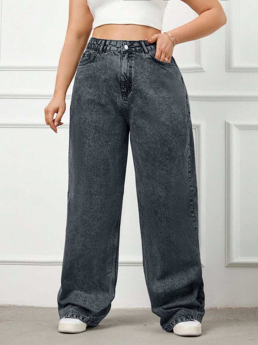 EURMUSE 100%Cotton Rigid, High Waist Wideleg Fit - Dark Grey - View 1