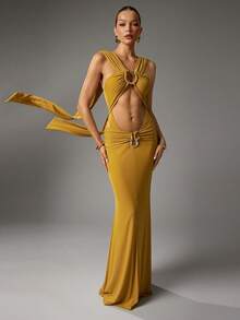 Hauture Bộ đồ liền thân gợi cảm mùa hè đi chơi đêm màu vàng mù tạt với chi tiết trang trí hình rắn vàng phía trước - Màu vàng - Xem 6