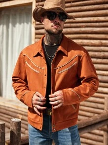 Manfinity Nomadique Men's Fashionable Retro Suede Jacket, Brown-Red Color Western Jacket , Fall - Rust Brown - View 4