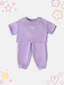 SUMWON Two Piece Sweatshirt Jogger Set Butterfly Detail Crop Top Elastic Waist Pants Wear Spring Fall Outfit - Purple - View 1