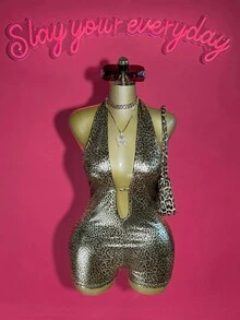 Slaydiva Hàng mới về mùa hè 2025, Thích hợp cho tiệc sinh nhật, Trở lại trường, Phong cách trường học, Trang phục hàng ngày, Thường ngày, Kỳ nghỉ, Du lịch du thuyền, Bãi biển, Tắm nắng, Mặt hàng lan truyền, Trang phục đường phố, Câu lạc bộ gợi cảm, Cổ chữ V sâu, Dây buộc cổ, Hở lưng gợi cảm, Vải in hình da báo phủ vàng, Bộ đồ liền thân bó sát dành cho nữ - Vàng - Xem 2