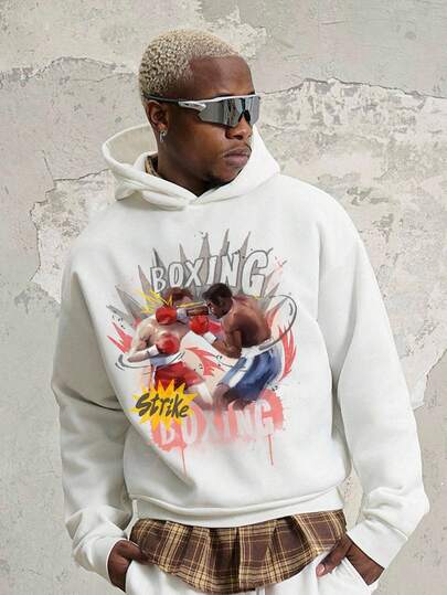 Manfinity ZONE917 Street Style Loose Cropped Graffiti Contrast Color Boxing Graphic White Hoodie