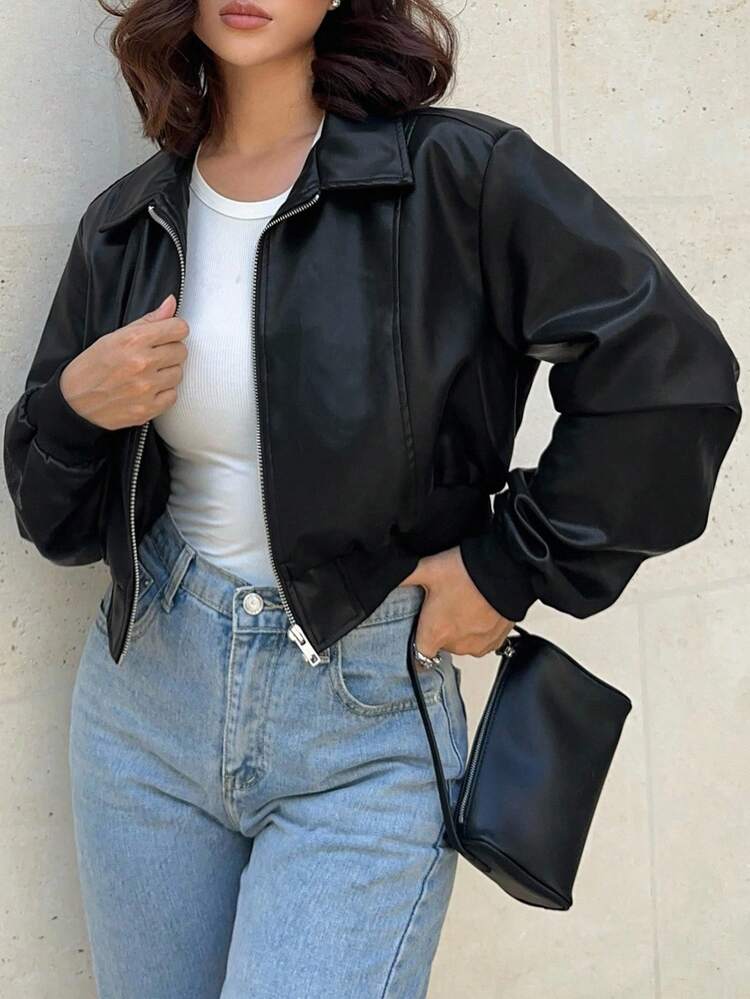 Women's Turndown Collar Long Sleeve Short/Long PU Leather Street Casual Jacket