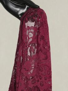 SHEIN ICON Women's Burgundy Lace Hippie Sheer Low-Cut V-Neck Long Flare Sleeve Top - Burgundy - View 10