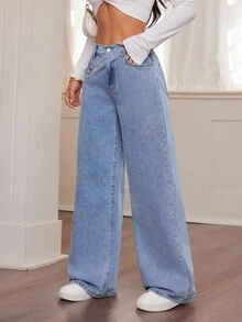 SHEIN PETITE Women's Fall Autumn Winter Halloween Christmas National Day Graduation Y2k Cute Streetwear Birthday Outfit Night Out Going Out Club Outfit Airport Outfit Business Casual Woman Country Vintage Modest Old Money Business Casual Woman Work Clothes Asymmetric Waist Pocket Wide Leg Loose Casual Blue Jeans