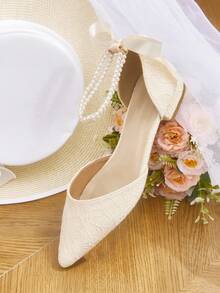 CUCCOO HITCHD 杏色仿珍珠蝴蝶结蕾丝女士平底鞋，低跟，舒适，优雅，适合婚礼、圣诞节等场合，镂空平底鞋，优雅婚鞋，春季鞋，新娘鞋 - 杏色 - 查看 3