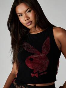 Missguided x Playboy 镶钻背心，饰有兔子标志和链条细节 - 黑色 - 查看 3