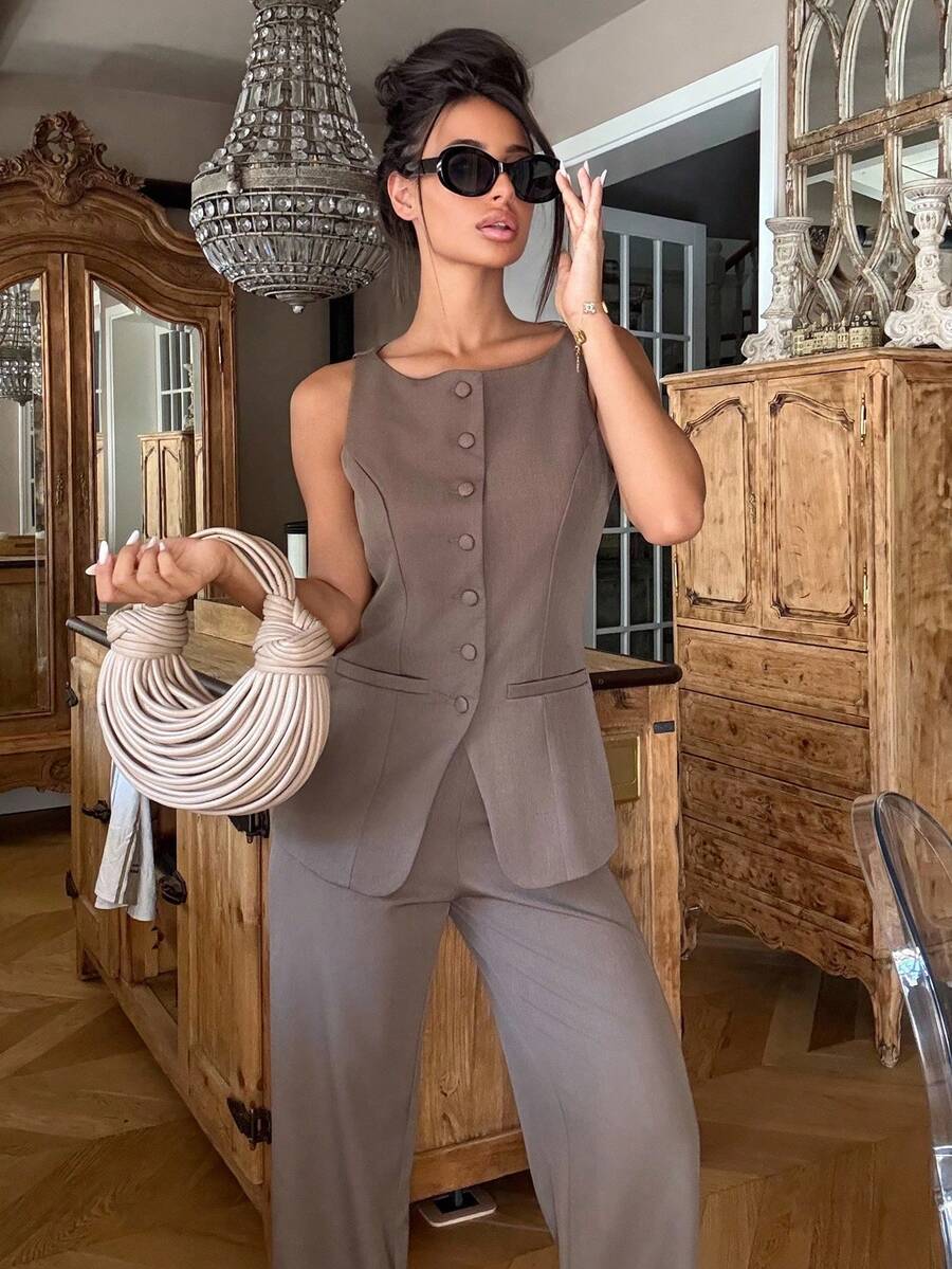 女士纯色圆领单排扣背心和裤子优雅通勤套装，夏季秋季女装女套装办公室装商务休闲女两件套服装秋季女装办公室装女套装女式西装套装 - 棕色 - 查看 1