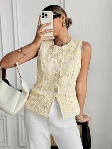 SHEIN Frenchy Women's Bright Yellow Summer Elegant Tea Party Round Neck 3D Floral Single-Breasted Vest Jacket,European Retro Heavy Industry Chic Autumn Business - Apricot - View 1