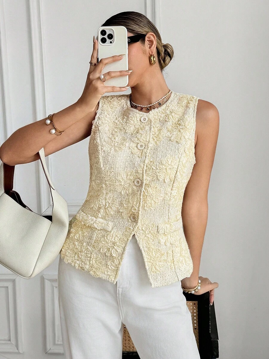 SHEIN Frenchy Women's Bright Yellow Summer Elegant Tea Party Round Neck 3D Floral Single-Breasted Vest Jacket,European Retro Heavy Industry Chic Autumn Business - Apricot - View 1