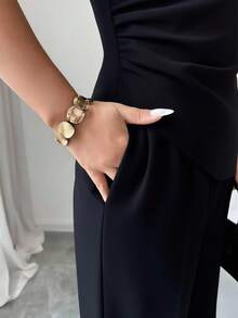 Elenzga Women's Elegant Off-Shoulder Metal Decor Sleeveless Asymmetric Hem Fitted Top And Loose Straight Leg Pants 2 Pieces Set, Versatile For Spring/Summer Vacation - Black - View 3