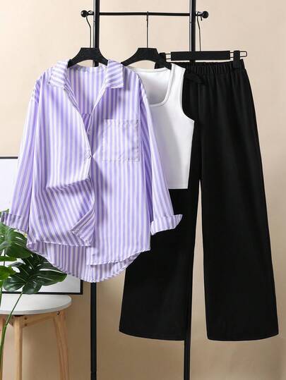 Sparklyn 3pcs/Set Teen Girls Casual Outfit, Includes Striped Loose Long Sleeve Shirt (Front Short Back Long), White Knit Vest, And Black Loose Wide Leg Pants, Suitable For Daily Wear And Vacation Fall Winter