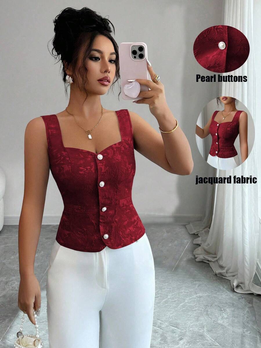 Elenzga Áo cánh vải jacquard cổ tim cài nút phía trước dành cho nữ mùa hè - Đỏ - Xem 1