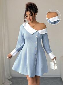 Elenzga Große Größen Gewebe Patchwork Kontrast Farbkragen Ärmel Schräge Schulter Asymmetrische Schulter Revers Offene Front Gold Knopf Dekor Taille ausgestellter Saum Elegantes Pendler Ausflug Party Date Knielanges Kleid - Blau-Weiß - Übersicht 6
