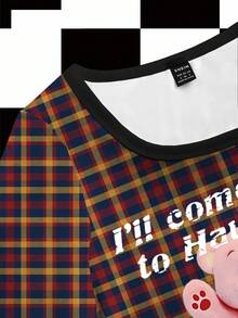 Maria Clara Maia Women's Plaid Bear & Letter Print Crew Neck Long Sleeve T-Shirt, Personalized Street Y2K Retro Campus Style, Autumn/Winter