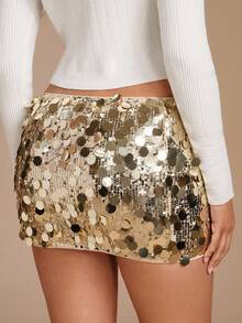 Glamine New Women Gold Knit Sequin Low Rise Slim Sexy Glam Rave Mini Four Seasons Sparkly Skirt, Elegant Glitter Skirt, Chic Bodycon Skirt, Skirt For Women, Cocktail Skirt Short, Club Skirt, Valentine's Day Skirt - Gold - View 4