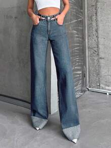 SHEIN Tall High Waist 100% Pure Cotton Cuffed Wide Leg Jeans - Light Wash - View 6
