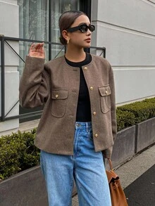 DAZY 女士圆领短款口袋装饰宽松都市休闲外套夹克 - 棕色 - 查看 3