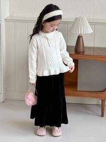 DAZY Girls' Crew Neck Sweater With Bow Decor, Fall - Beige - View 2