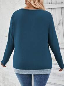 EMERY ROSE 全新大码女式时尚休闲圆领纽扣装饰撞色长袖 T 恤 - 彩色 - 查看 2