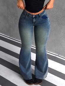 SHEIN ICON Embroidered High-Waisted Flare Jeans - Blue - View 6