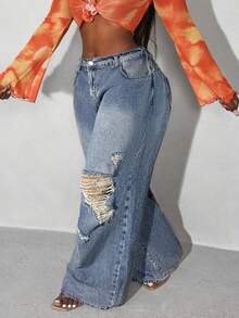 Slaydiva Plus Size Women Casual Loose Flare Leg Distressed Denim Jeans, Blue - Medium Wash - View 4