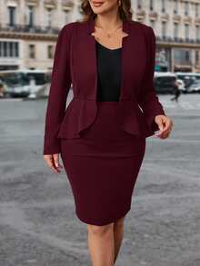 SHEIN Clasi Plus Size Fitted Suit Set In Fall/Winter - Burgundy - View 5