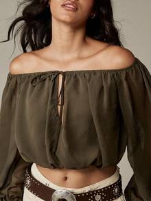 MISSGUIDED Áo crop top trễ vai tay dài kiểu nông dân voan mỏng nhẹ nhún bèo Boho lễ hội mùa hè bãi biển thường ngày tiệc tối Bardot - Màu xanh Ô liu - Xem 5