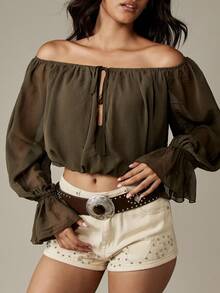 MISSGUIDED Áo crop top trễ vai tay dài kiểu nông dân voan mỏng nhẹ nhún bèo Boho lễ hội mùa hè bãi biển thường ngày tiệc tối Bardot - Màu xanh Ô liu - Xem 6