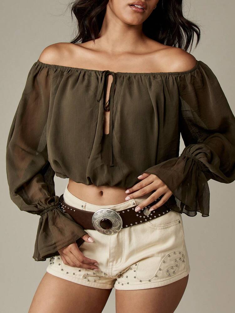 MISSGUIDED 오프 숄더 크롭 탑 롱 퍼프 슬리브 농민 블라우스 쉬폰 세미 시어 러치 보헤미안 축제 여름 해변 캐주얼 파티 이브닝 바르도