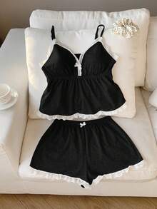 SHEIN EZwear Bộ đồ nữ cỡ lớn gồm áo hai dây và quần short ren phối màu đen. - màu đen - Xem 5