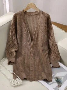 Sparklyn 1pc Korean Style Delicate Diamond Textured Lantern Sleeve Long Cardigan Sweater, Regular Thickness, Suitable For Girls, Casual Wear, Outdoor, Gathering, Shopping, Autumn/Winter Fall