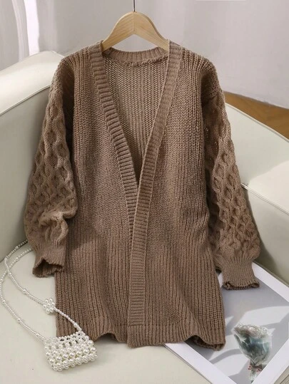 Sparklyn 1pc Korean Style Delicate Diamond Textured Lantern Sleeve Long Cardigan Sweater, Regular Thickness, Suitable For Girls, Casual Wear, Outdoor, Gathering, Shopping, Autumn/Winter Fall