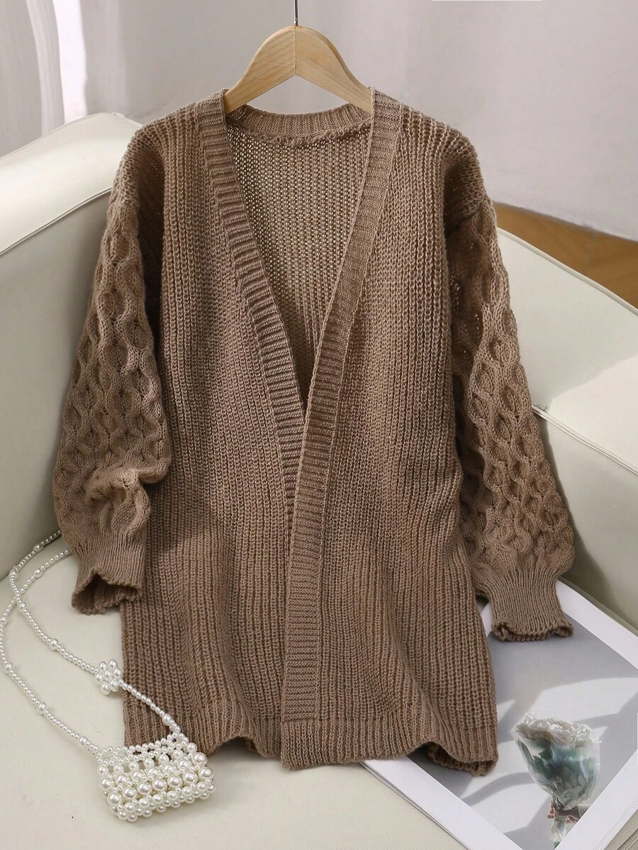 Sparklyn 1pc Korean Style Delicate Diamond Textured Lantern Sleeve Long Cardigan Sweater, Regular Thickness, Suitable For Girls, Casual Wear, Outdoor, Gathering, Shopping, Autumn/Winter Fall