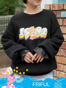 FRIFUL SHEIN X Care Bears Women's Loose Fit Crew Neck Cartoon Pattern Thermal Lined Thick Sweater - Black - View 15