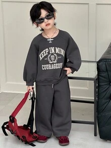 DAZY 2 件套儿童男童羊毛运动衫和裤子休闲运动套装，宽松字母印花，秋季 - 深灰色 - 查看 4