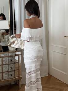 Ronhire Knitted Lace Off Shoulder Form-Fitting Fish Tail Dress For Women - White - View 2