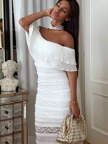 Ronhire Knitted Lace Off Shoulder Form-Fitting Fish Tail Dress For Women - White - View 6