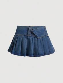 Attitoon ICON 女式牛仔高低褶开衩裙、返校节短裙、迷你裙、牛仔裙、深灰色、黑色短裙、派对女裙、狂欢节服装、牛仔裙 - 深色水洗藍 - 查看 2