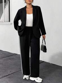 SHEIN MOOSTA Women's Casual Striped Blazer And Pants Set, Long Sleeve, Autumn/Winter - Black - View 7