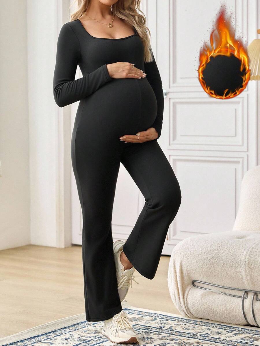 SHEIN Maternity Solid Color Square Neck Long Sleeve Flare Jumpsuit - Black - View 1