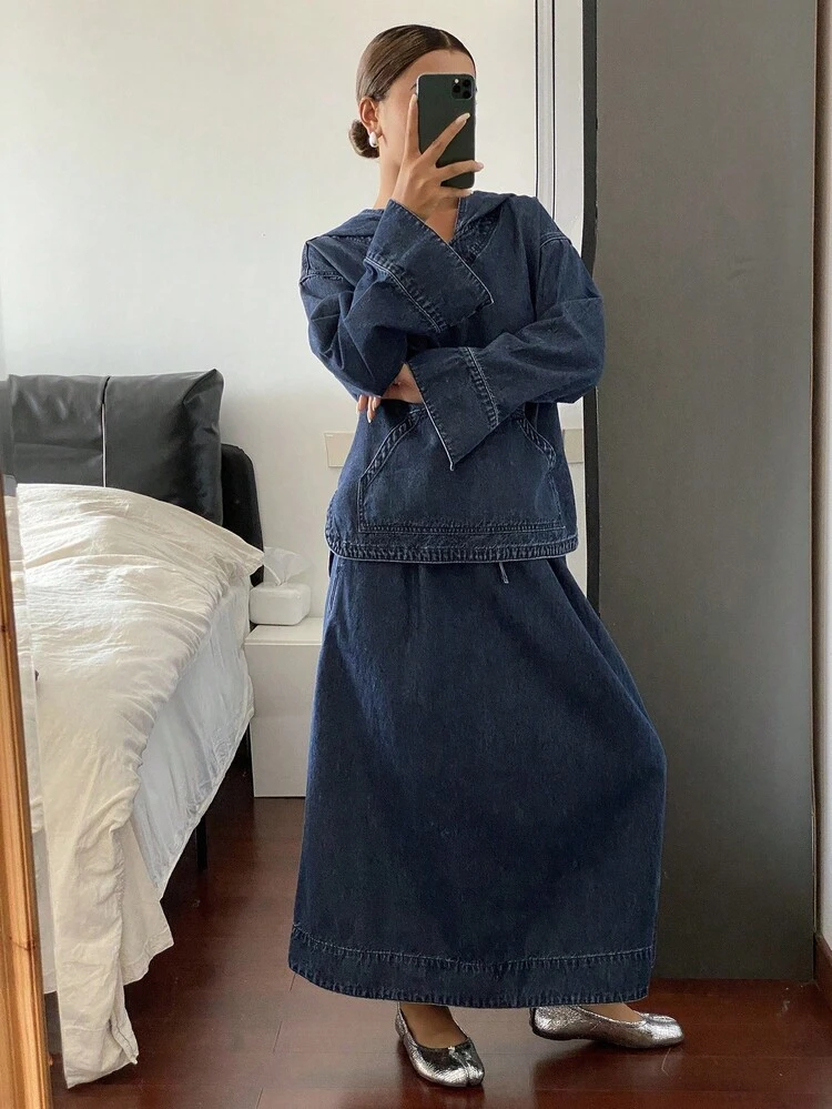 Women's V-Neck Hooded Top And Loose Denim Skirt Set, Summer