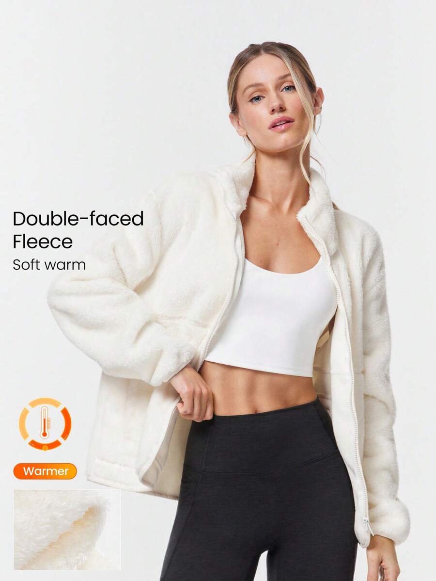 GLOWMODE 羊毛柔软保暖防风弧形领下摆设计及臀拉链夹克，带侧袋，日常休闲装秋冬 - 白色 - 查看 1